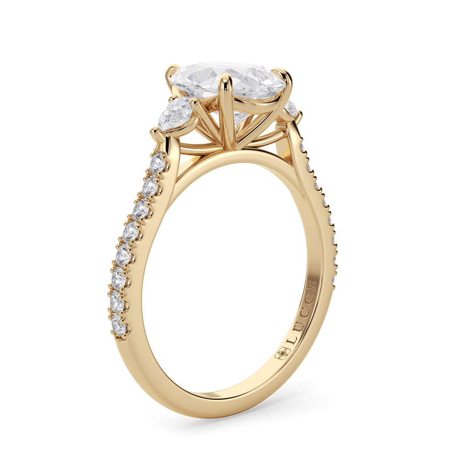 Load image into Gallery viewer, LUCCE Pavé Cathedral Three Stone Pear Diamond Engagement Ring in Gold or Platinum
