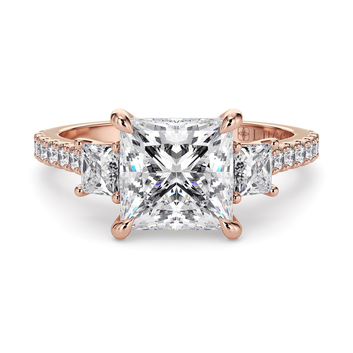 Load image into Gallery viewer, LUCCE Pavé Cathedral Three Stone Princess Diamond Engagement Ring in Gold or Platinum
