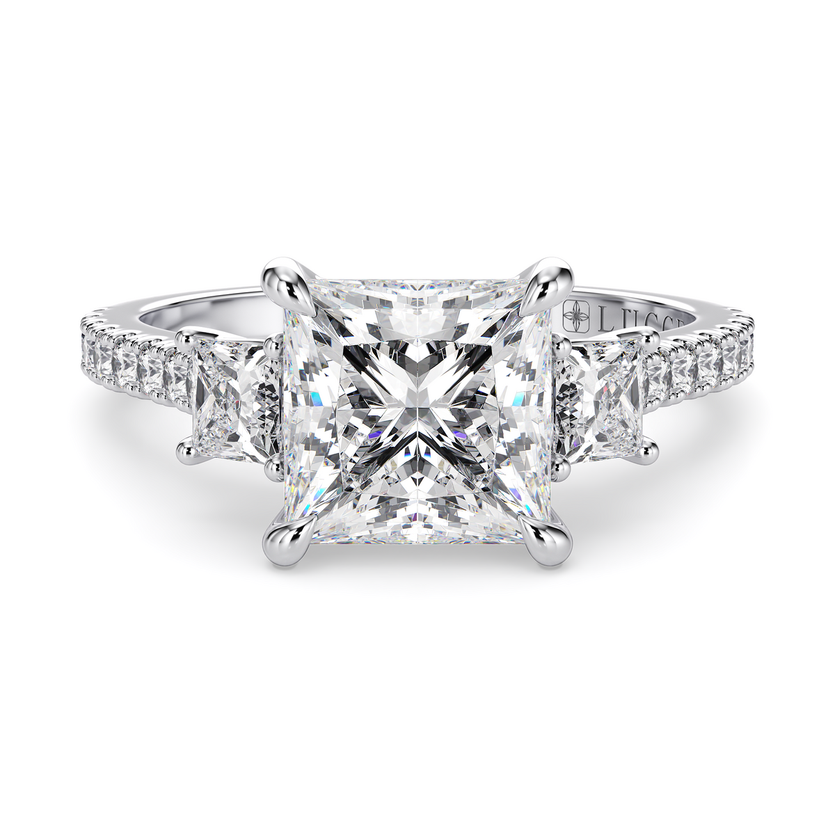 Load image into Gallery viewer, LUCCE Pavé Cathedral Three Stone Princess Diamond Engagement Ring in Gold or Platinum
