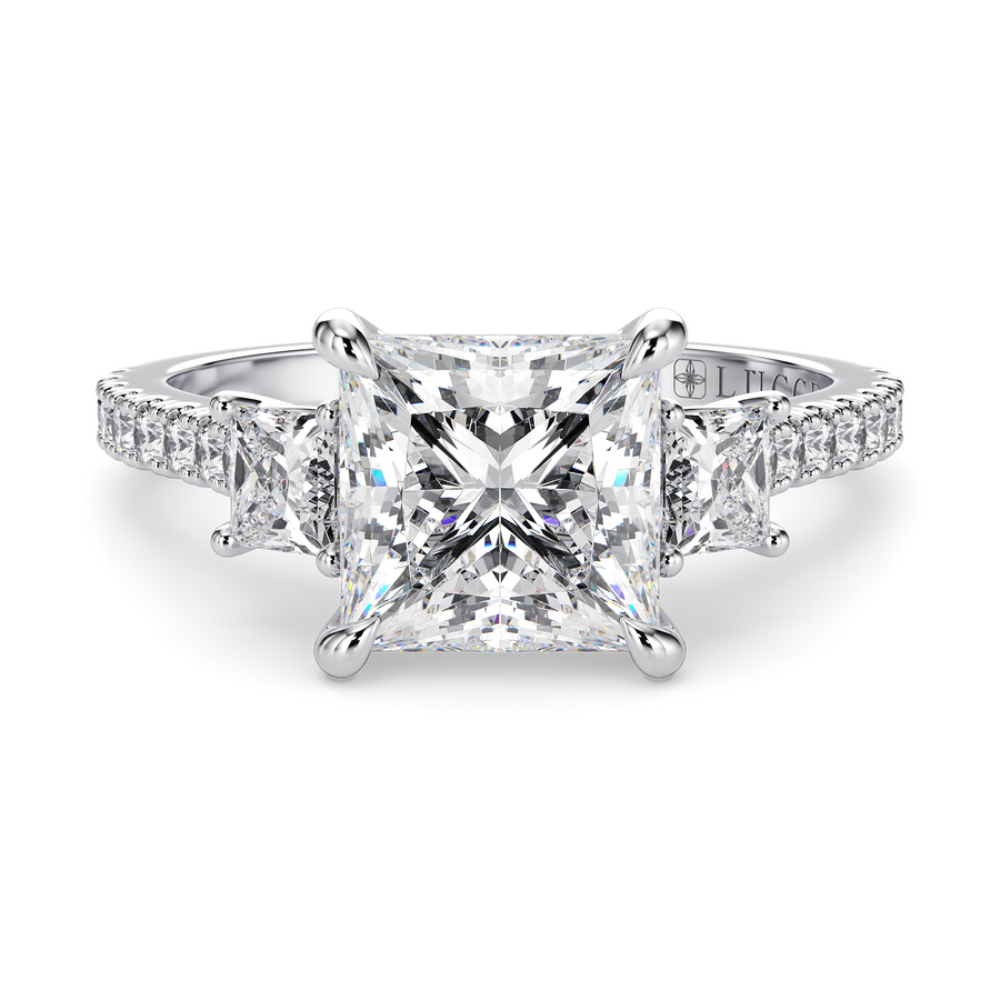 Load image into Gallery viewer, LUCCE Pavé Cathedral Three Stone Princess Diamond Engagement Ring in Gold or Platinum
