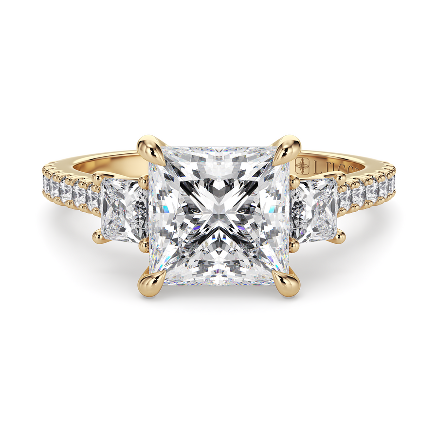 Load image into Gallery viewer, LUCCE Pavé Cathedral Three Stone Princess Diamond Engagement Ring in Gold or Platinum
