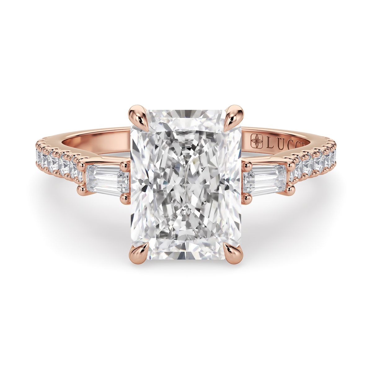 Load image into Gallery viewer, LUCCE Pavé Cathedral Three Stone Radiant Diamond Engagement Ring in Gold or Platinum

