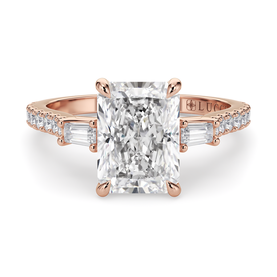 Load image into Gallery viewer, LUCCE Pavé Cathedral Three Stone Radiant Diamond Engagement Ring in Gold or Platinum
