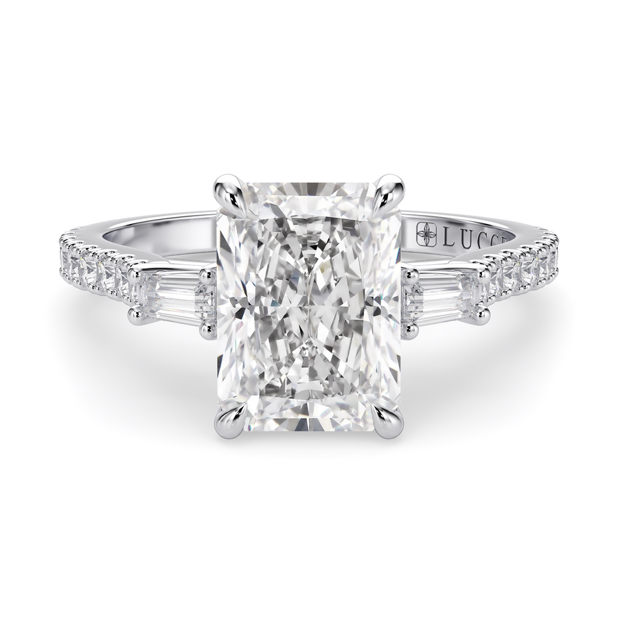 Load image into Gallery viewer, LUCCE Pavé Cathedral Three Stone Radiant Diamond Engagement Ring in Gold or Platinum
