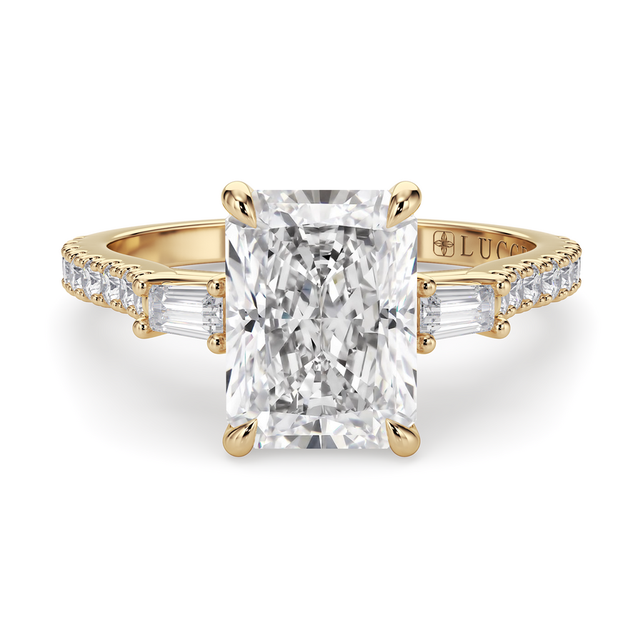 Load image into Gallery viewer, LUCCE Pavé Cathedral Three Stone Radiant Diamond Engagement Ring in Gold or Platinum
