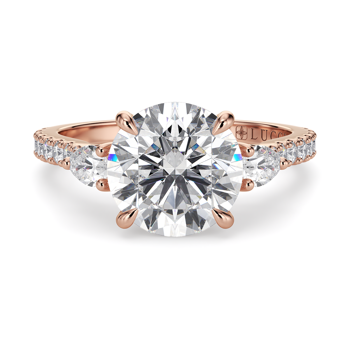 Load image into Gallery viewer, LUCCE Pavé Cathedral Three Stone Round Diamond Engagement Ring in Gold or Platinum
