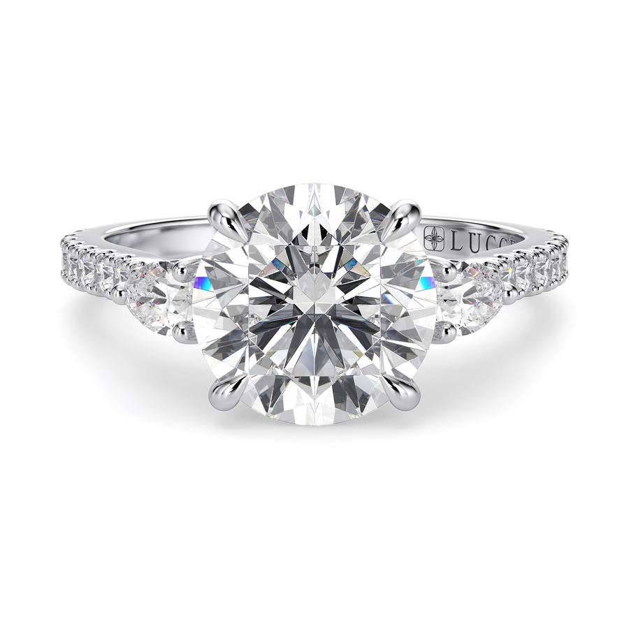 Load image into Gallery viewer, LUCCE Pavé Cathedral Three Stone Round Diamond Engagement Ring in Gold or Platinum
