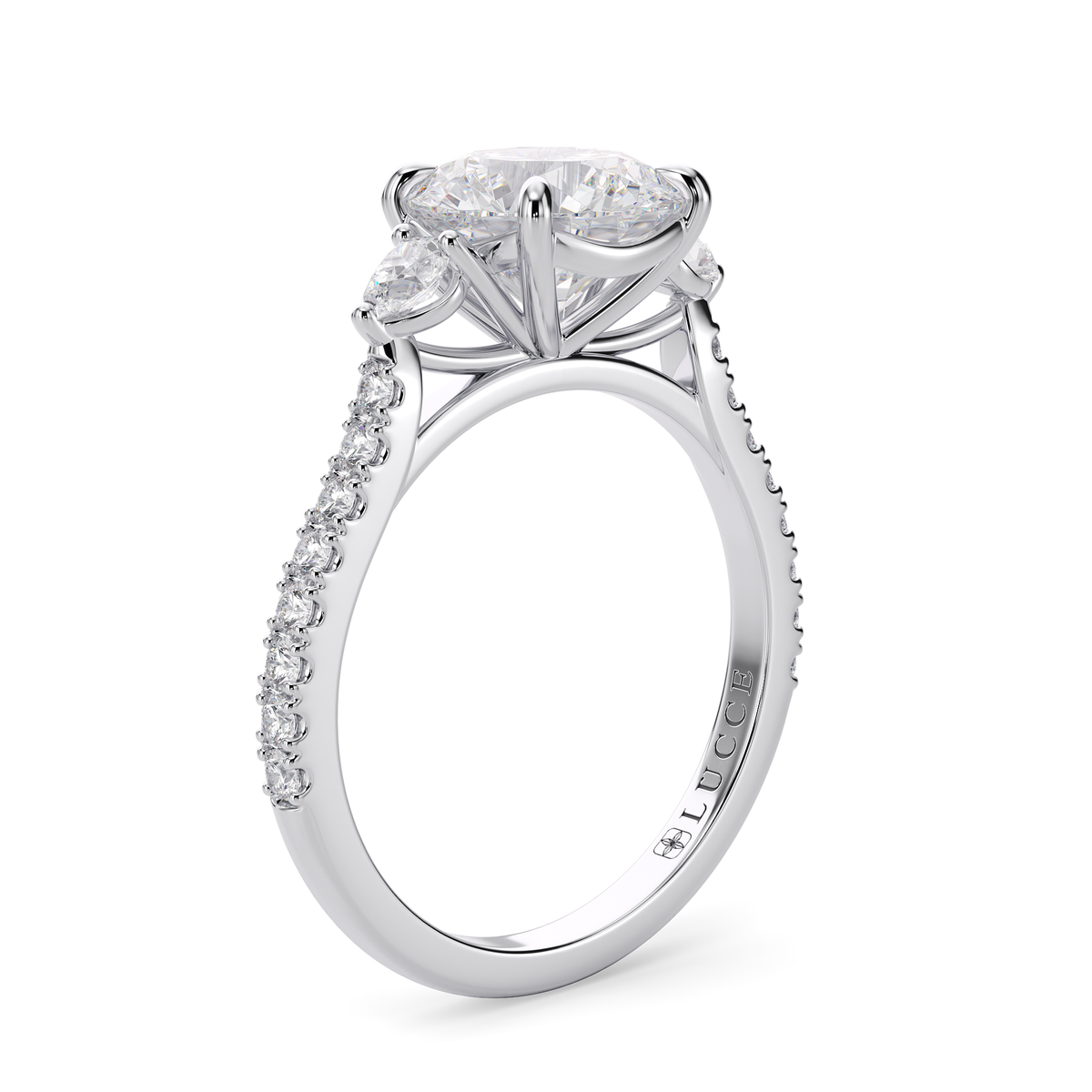 Load image into Gallery viewer, LUCCE Pavé Cathedral Three Stone Round Diamond Engagement Ring in Gold or Platinum
