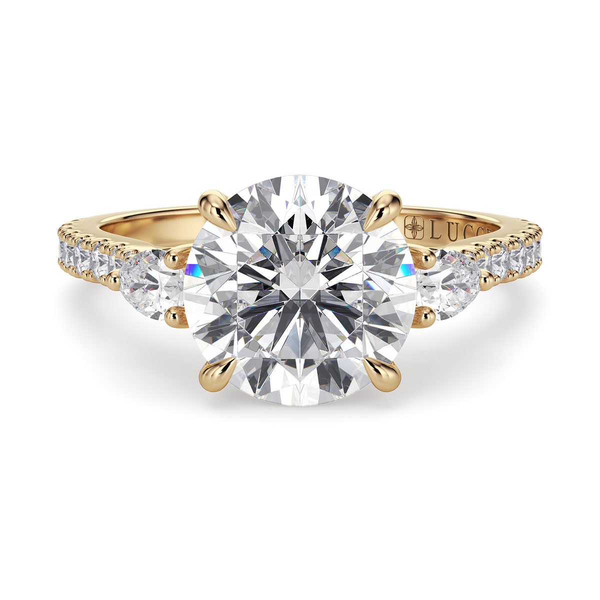 Load image into Gallery viewer, LUCCE Pavé Cathedral Three Stone Round Diamond Engagement Ring in Gold or Platinum
