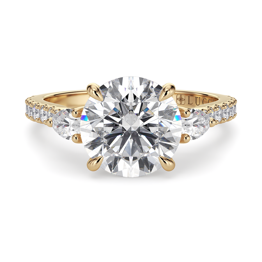 Load image into Gallery viewer, LUCCE Pavé Cathedral Three Stone Round Diamond Engagement Ring in Gold or Platinum
