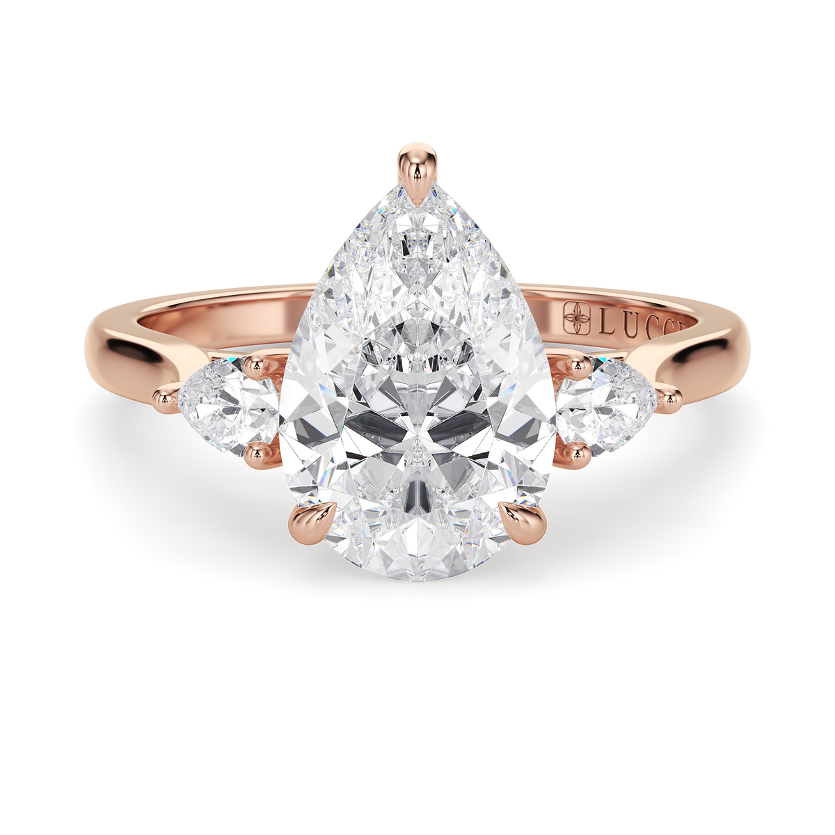 Load image into Gallery viewer, LUCCE Cathedral Three Stone Pear Diamond Engagement Ring in Gold or Platinum
