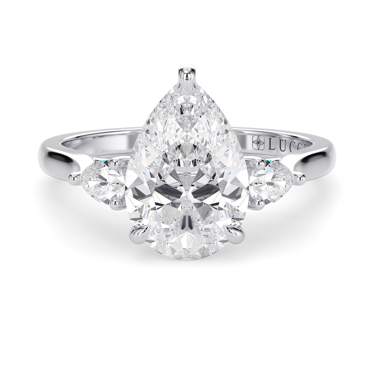 Load image into Gallery viewer, LUCCE Cathedral Three Stone Pear Diamond Engagement Ring in Gold or Platinum
