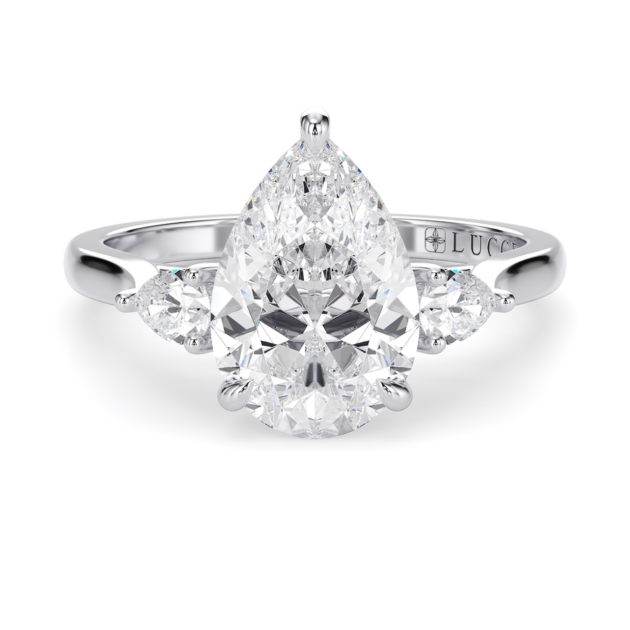 Load image into Gallery viewer, LUCCE Cathedral Three Stone Pear Diamond Engagement Ring in Gold or Platinum
