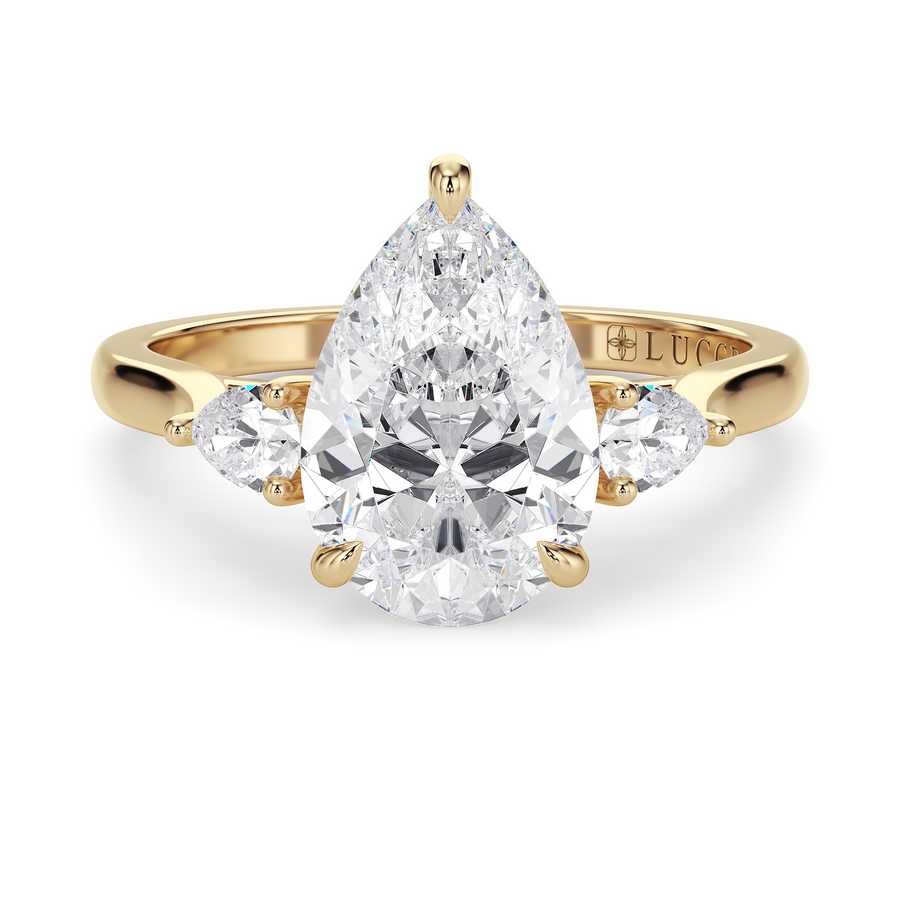 Load image into Gallery viewer, LUCCE Cathedral Three Stone Pear Diamond Engagement Ring in Gold or Platinum
