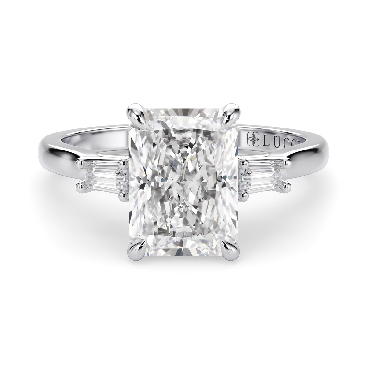 Load image into Gallery viewer, LUCCE Cathedral Three Stone Radiant Diamond Engagement Ring in Gold or Platinum
