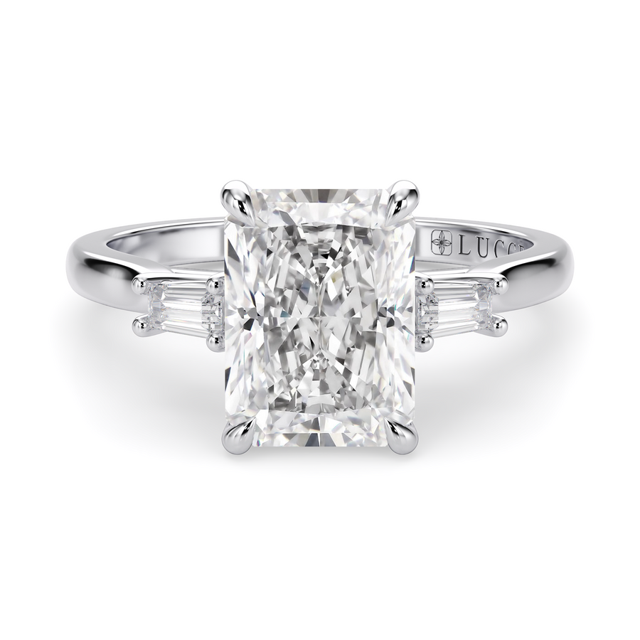 Load image into Gallery viewer, LUCCE Cathedral Three Stone Radiant Diamond Engagement Ring in Gold or Platinum
