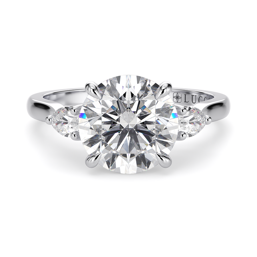 Load image into Gallery viewer, LUCCE Cathedral Three Stone Round Diamond Engagement Ring in Gold or Platinum
