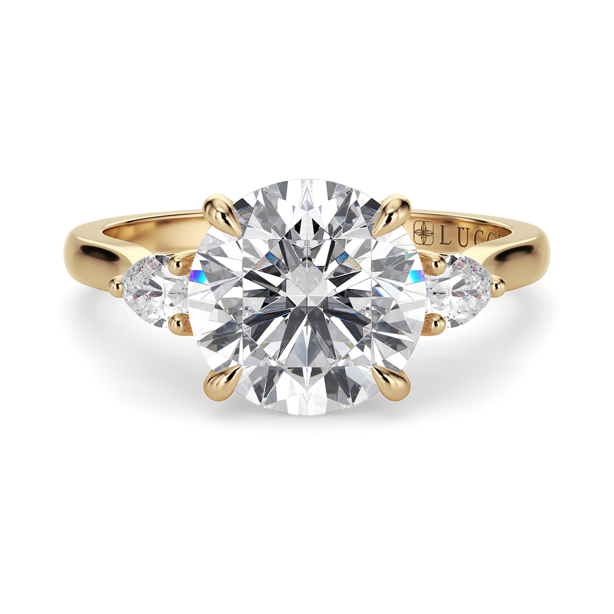 Load image into Gallery viewer, LUCCE Cathedral Three Stone Round Diamond Engagement Ring in Gold or Platinum
