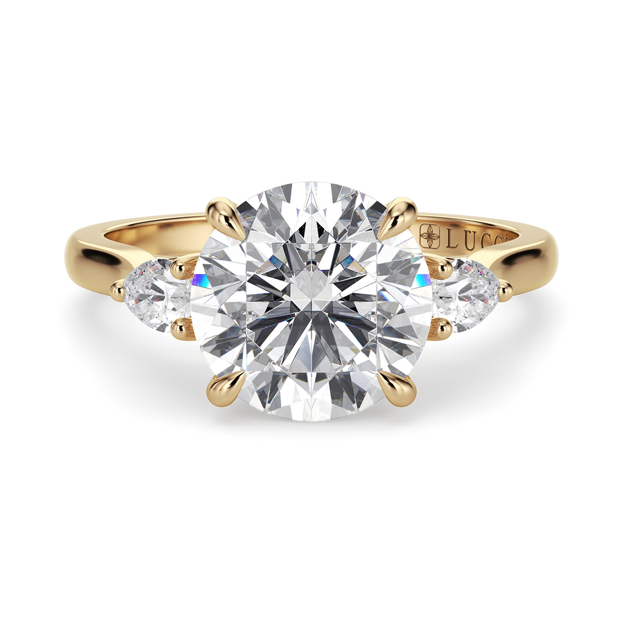 Load image into Gallery viewer, LUCCE Cathedral Three Stone Round Diamond Engagement Ring in Gold or Platinum
