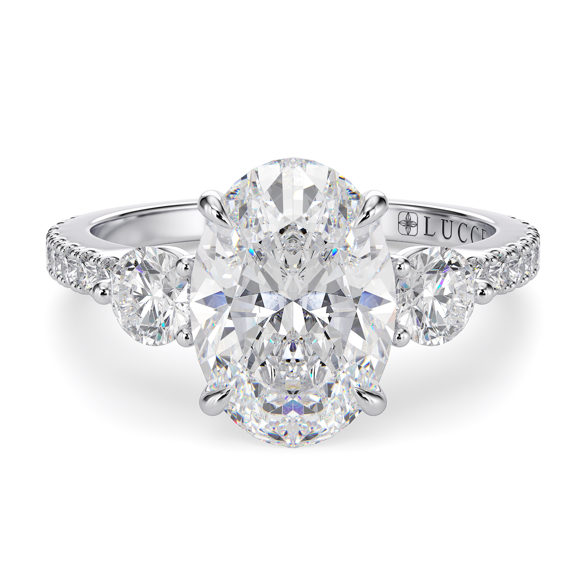 Load image into Gallery viewer, LUCCE Pavé Cathedral Three Stone Oval Diamond Engagement Ring in Gold or Platinum
