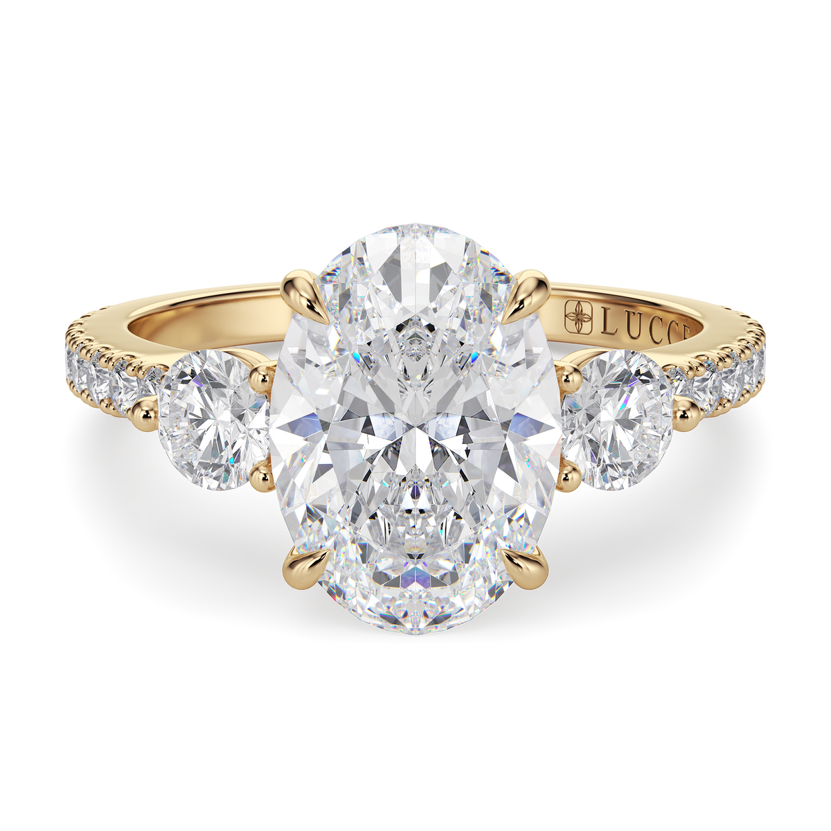 Load image into Gallery viewer, LUCCE Pavé Cathedral Three Stone Oval Diamond Engagement Ring in Gold or Platinum
