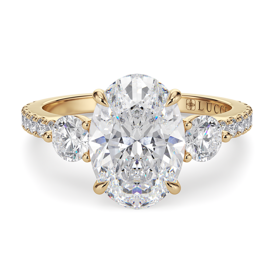 Load image into Gallery viewer, LUCCE Pavé Cathedral Three Stone Oval Diamond Engagement Ring in Gold or Platinum
