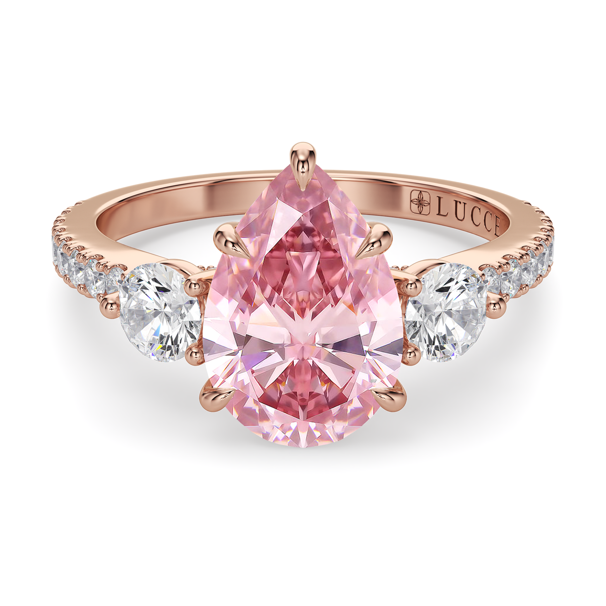 Load image into Gallery viewer, LUCCE Pavé Cathedral Three Stone Pear Pink Diamond Engagement Ring in Gold or Platinum
