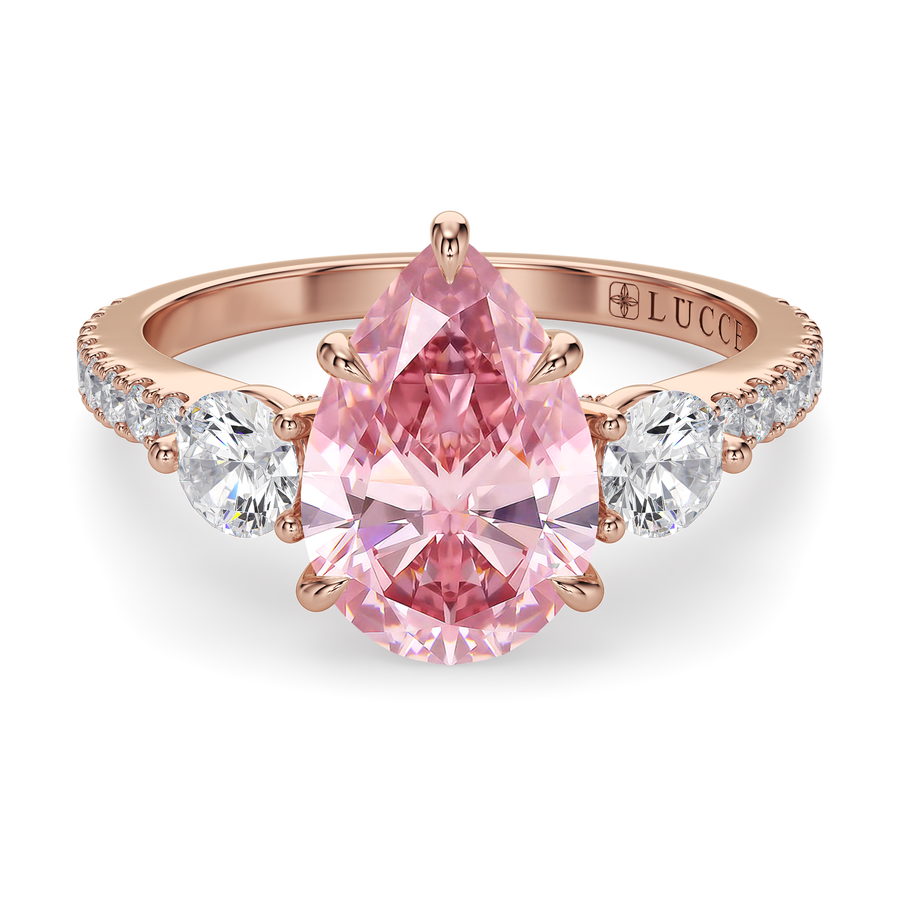 Load image into Gallery viewer, LUCCE Pavé Cathedral Three Stone Pear Pink Diamond Engagement Ring in Gold or Platinum
