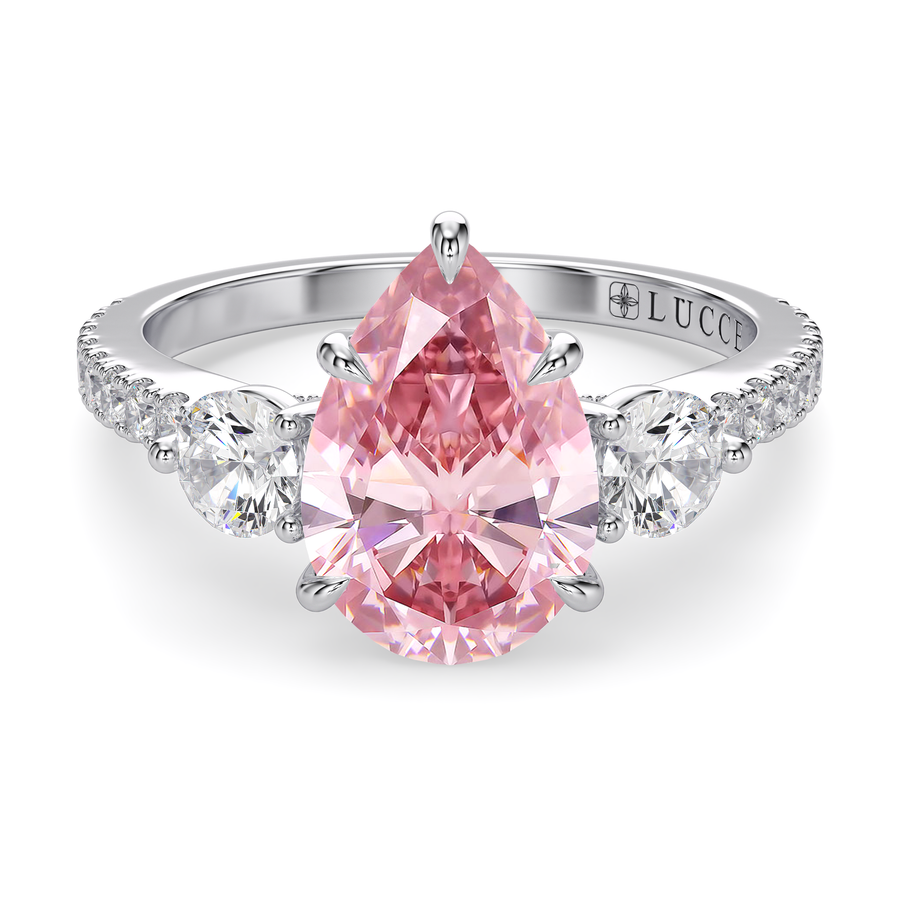 Load image into Gallery viewer, LUCCE Pavé Cathedral Three Stone Pear Pink Diamond Engagement Ring in Gold or Platinum
