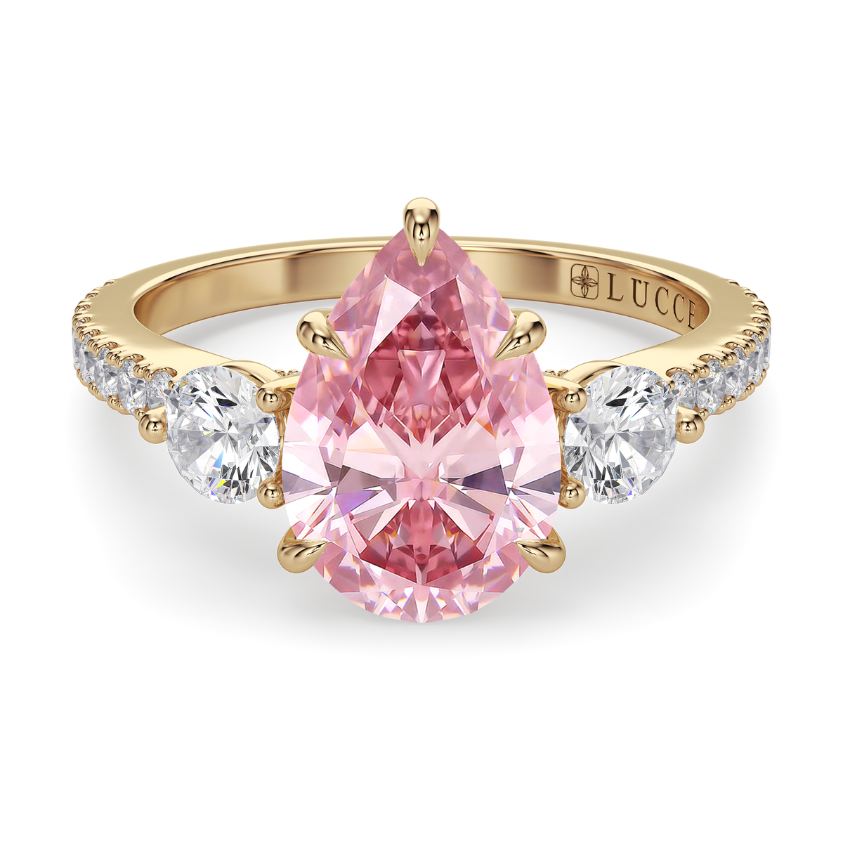 Load image into Gallery viewer, LUCCE Pavé Cathedral Three Stone Pear Pink Diamond Engagement Ring in Gold or Platinum
