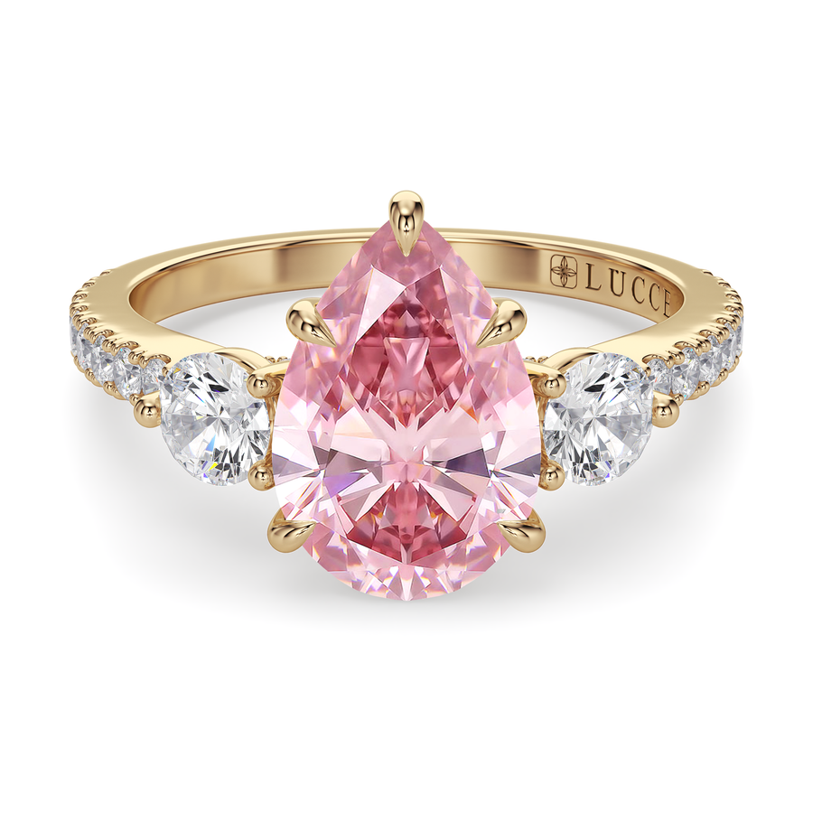 Load image into Gallery viewer, LUCCE Pavé Cathedral Three Stone Pear Pink Diamond Engagement Ring in Gold or Platinum
