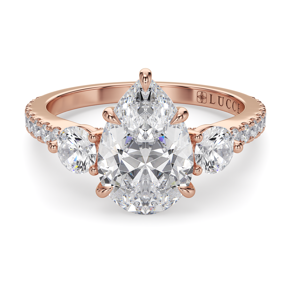 Load image into Gallery viewer, LUCCE Pavé Cathedral Three Stone Pear Diamond Engagement Ring in Gold or Platinum
