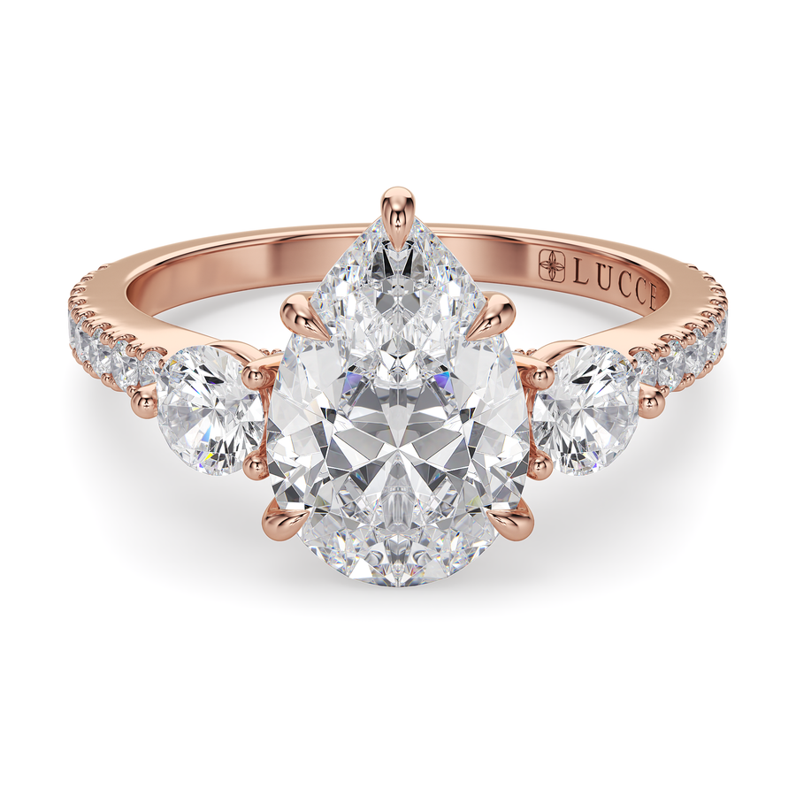 Load image into Gallery viewer, LUCCE Pavé Cathedral Three Stone Pear Diamond Engagement Ring in Gold or Platinum
