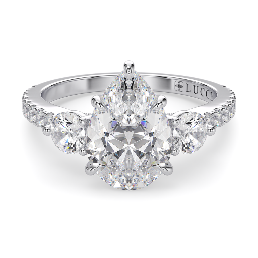 Load image into Gallery viewer, LUCCE Pavé Cathedral Three Stone Pear Diamond Engagement Ring in Gold or Platinum
