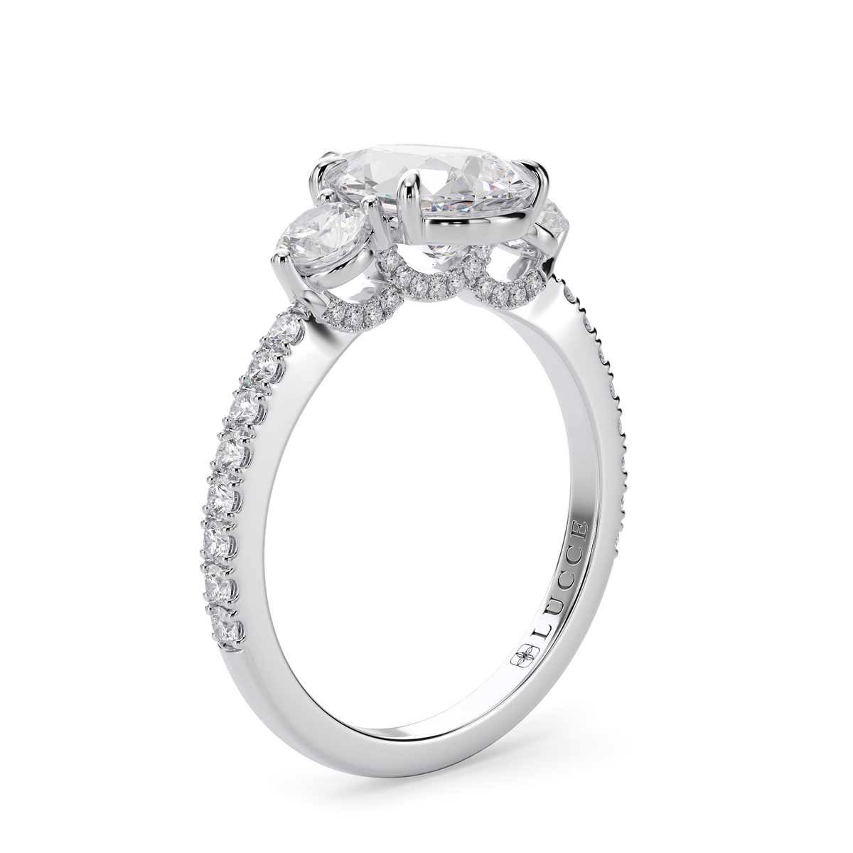 Load image into Gallery viewer, LUCCE Pavé Cathedral Three Stone Pear Diamond Engagement Ring in Gold or Platinum
