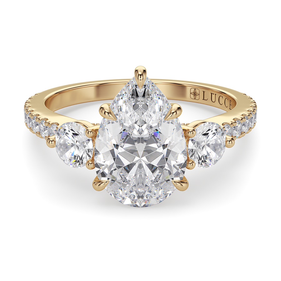 Load image into Gallery viewer, LUCCE Pavé Cathedral Three Stone Pear Diamond Engagement Ring in Gold or Platinum
