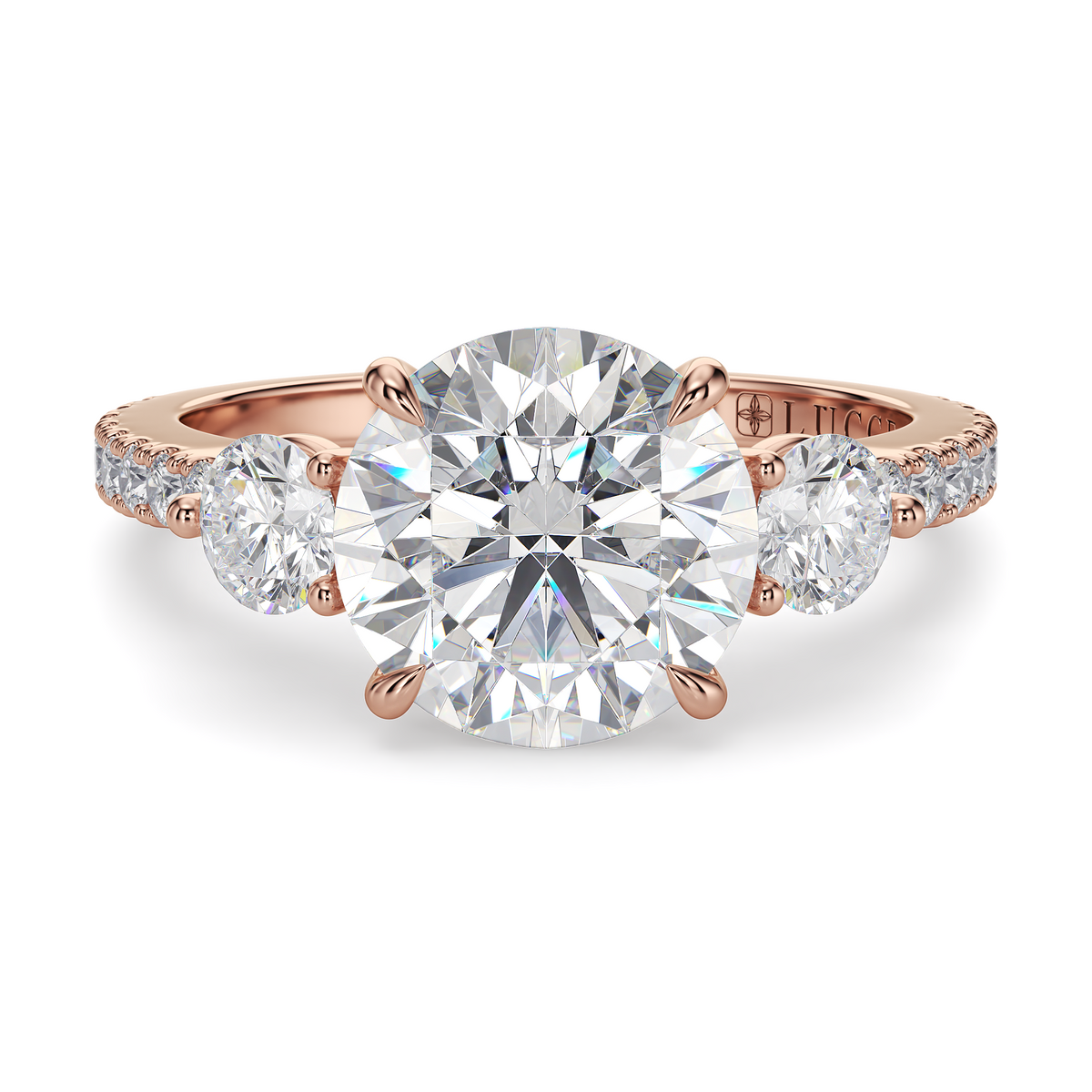 Load image into Gallery viewer, LUCCE Pavé Cathedral Three Stone Round Diamond Engagement Ring in Gold or Platinum
