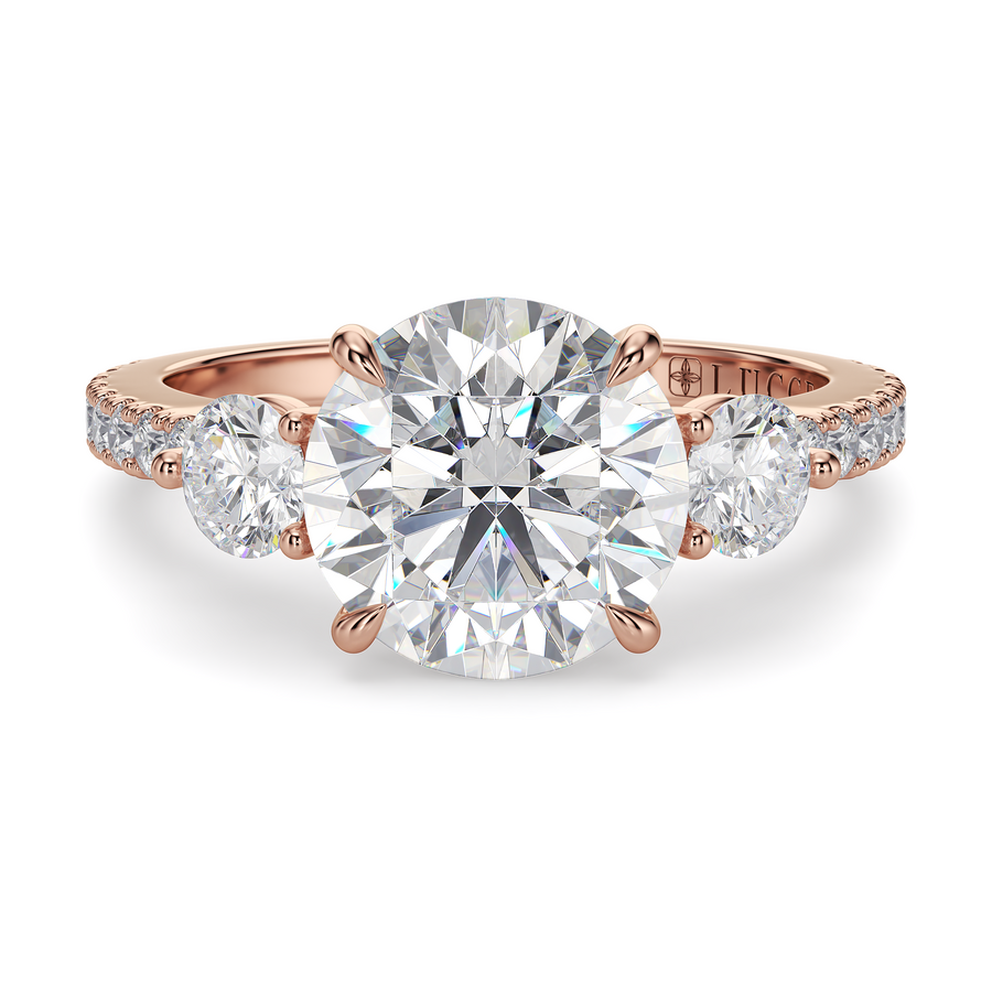 Load image into Gallery viewer, LUCCE Pavé Cathedral Three Stone Round Diamond Engagement Ring in Gold or Platinum
