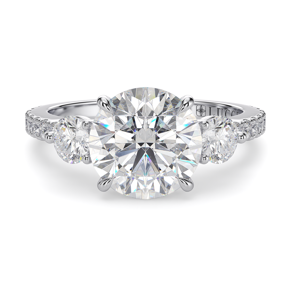 Load image into Gallery viewer, LUCCE Pavé Cathedral Three Stone Round Diamond Engagement Ring in Gold or Platinum
