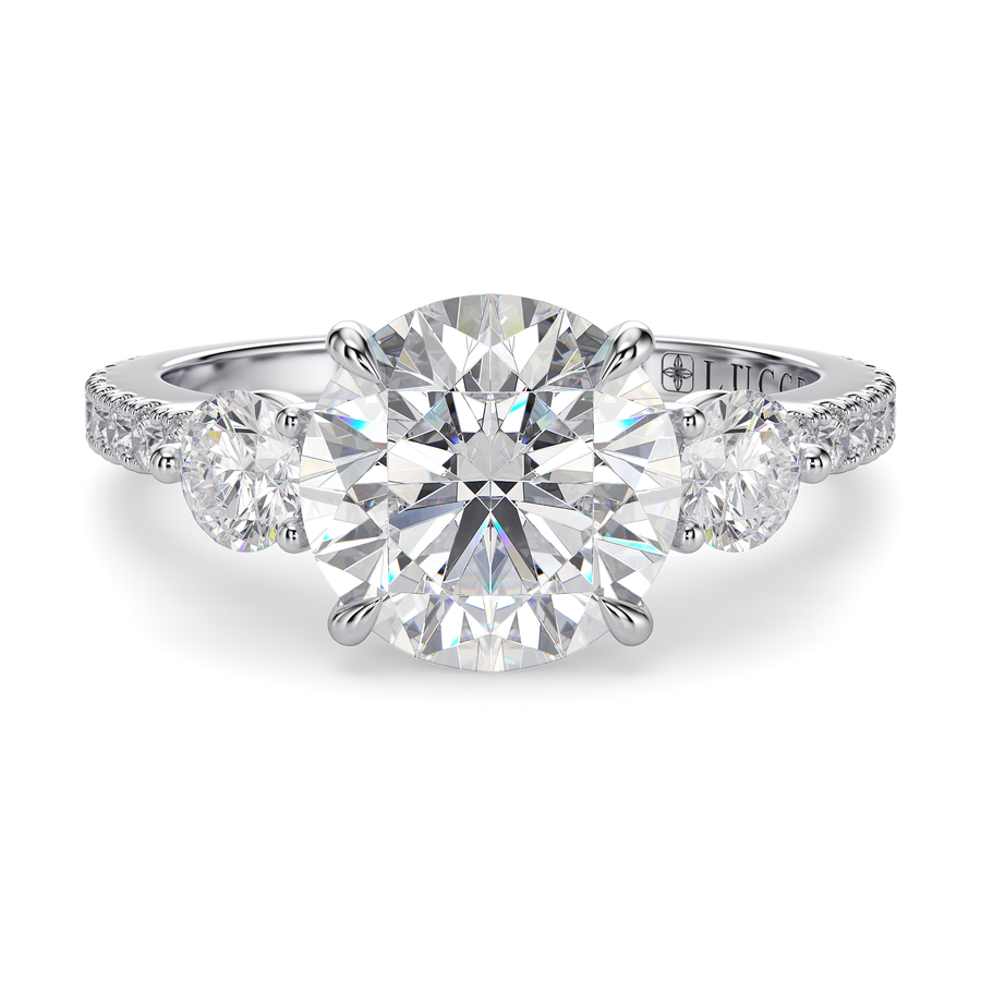 Load image into Gallery viewer, LUCCE Pavé Cathedral Three Stone Round Diamond Engagement Ring in Gold or Platinum
