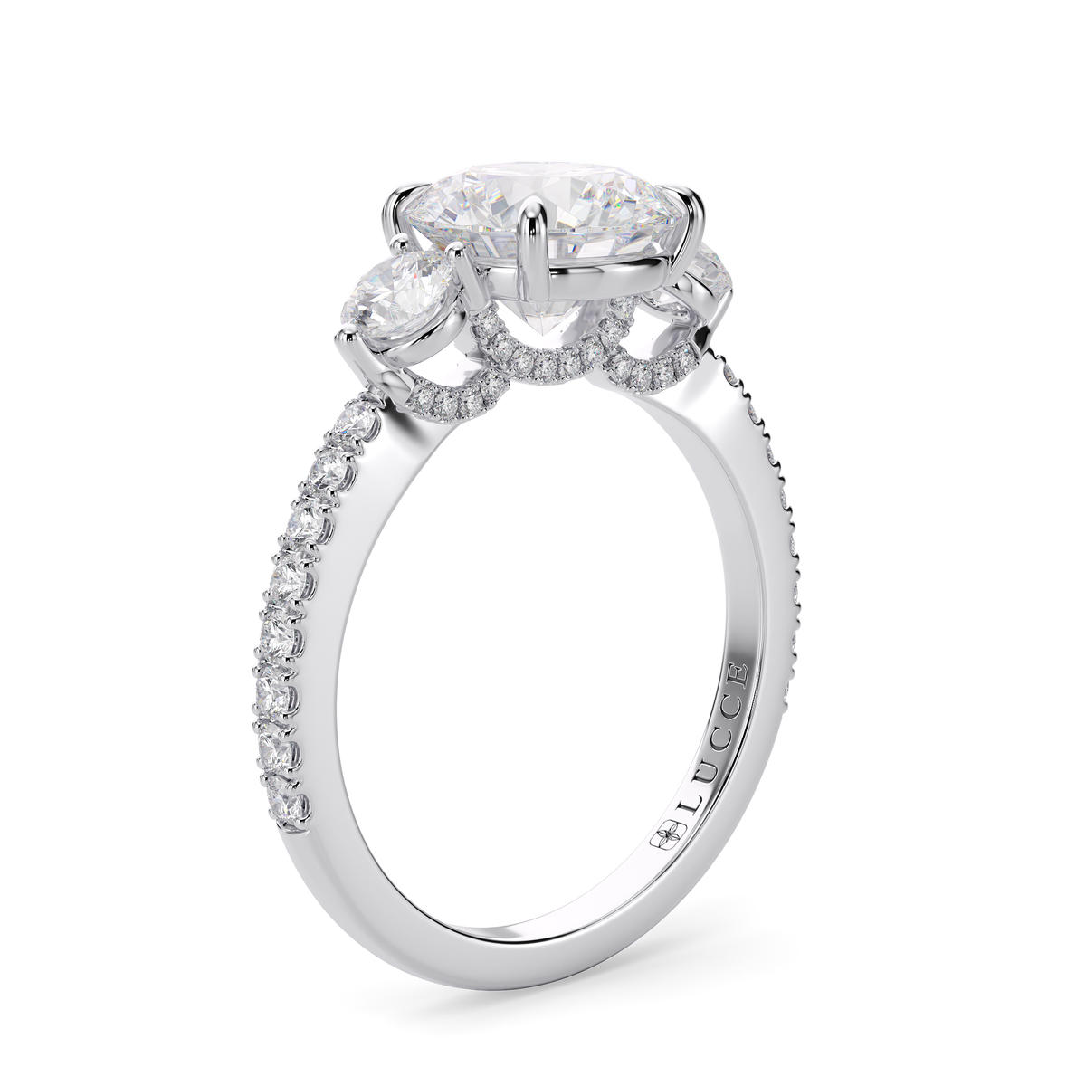 Load image into Gallery viewer, LUCCE Pavé Cathedral Three Stone Round Diamond Engagement Ring in Gold or Platinum
