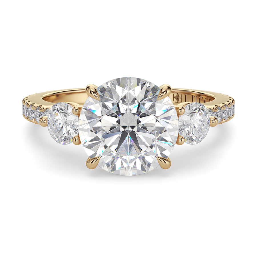 Load image into Gallery viewer, LUCCE Pavé Cathedral Three Stone Round Diamond Engagement Ring in Gold or Platinum
