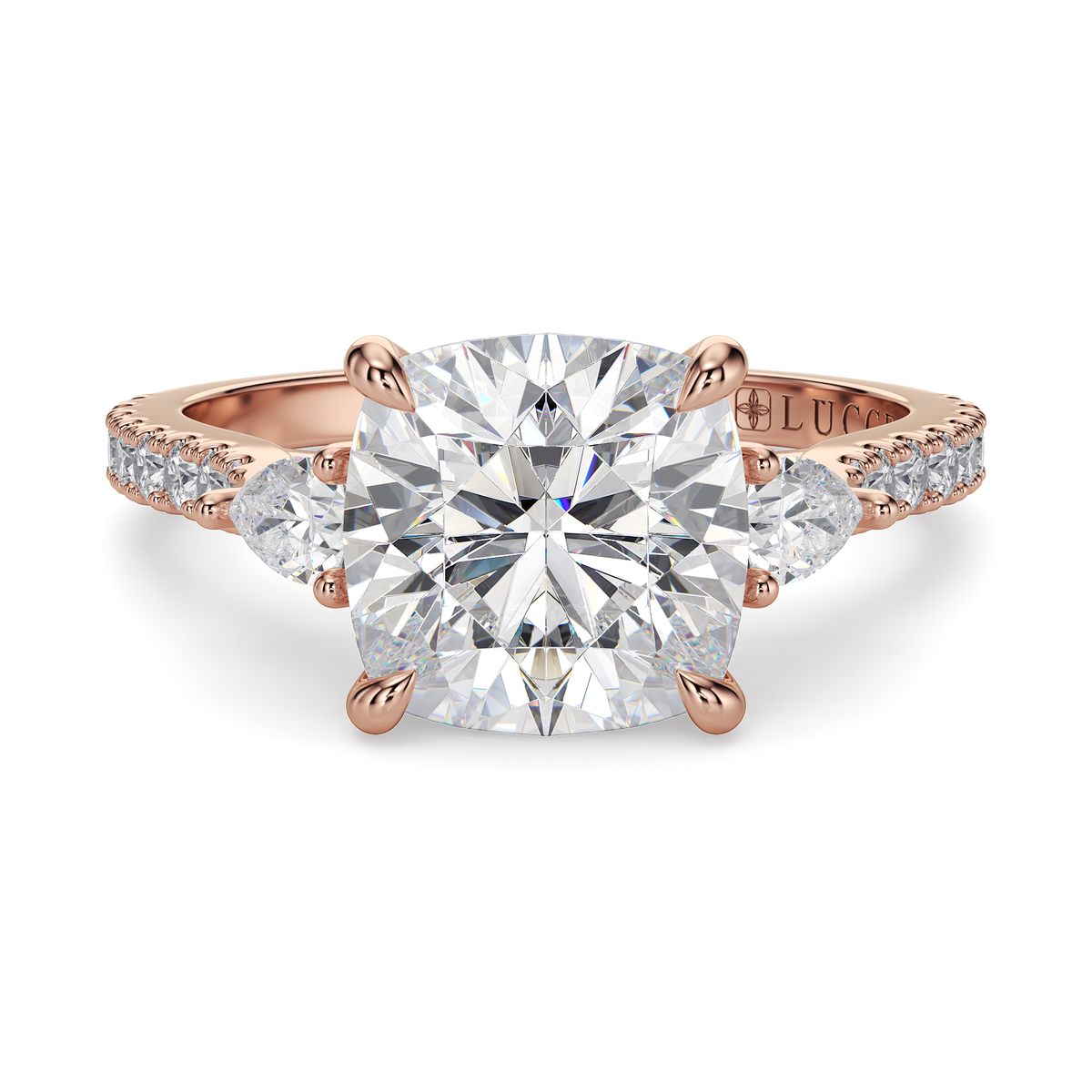 Load image into Gallery viewer, LUCCE Pavé Cathedral Three Stone Cushion Diamond Engagement Ring in Gold or Platinum
