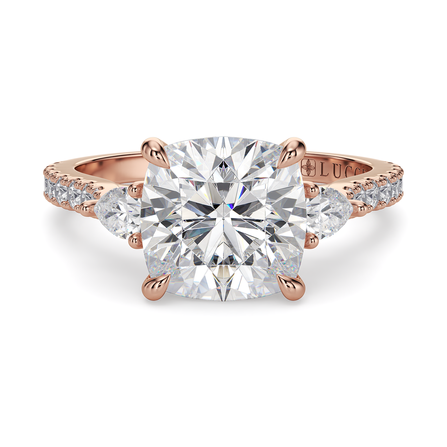 Load image into Gallery viewer, LUCCE Pavé Cathedral Three Stone Cushion Diamond Engagement Ring in Gold or Platinum
