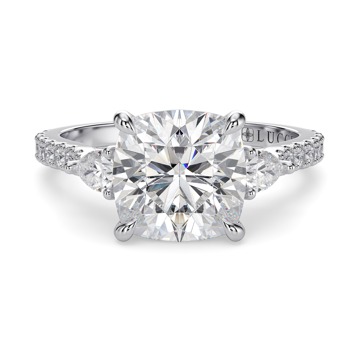Load image into Gallery viewer, LUCCE Pavé Cathedral Three Stone Cushion Diamond Engagement Ring in Gold or Platinum
