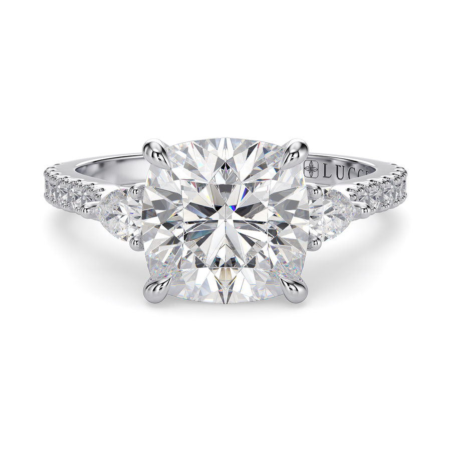 Load image into Gallery viewer, LUCCE Pavé Cathedral Three Stone Cushion Diamond Engagement Ring in Gold or Platinum
