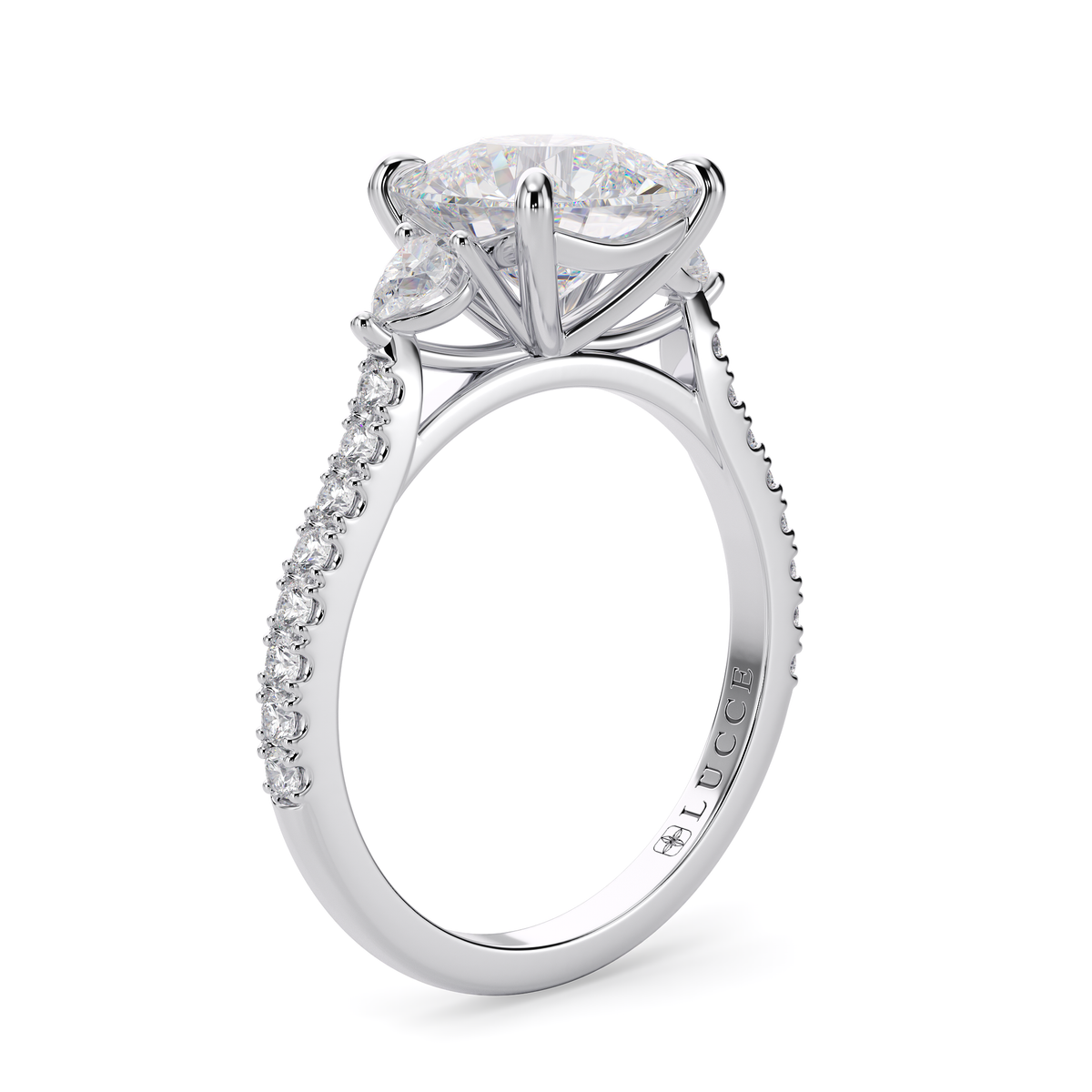 Load image into Gallery viewer, LUCCE Pavé Cathedral Three Stone Cushion Diamond Engagement Ring in Gold or Platinum
