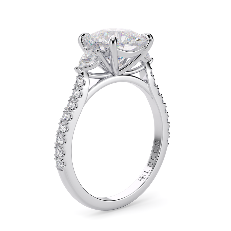 Load image into Gallery viewer, LUCCE Pavé Cathedral Three Stone Cushion Diamond Engagement Ring in Gold or Platinum
