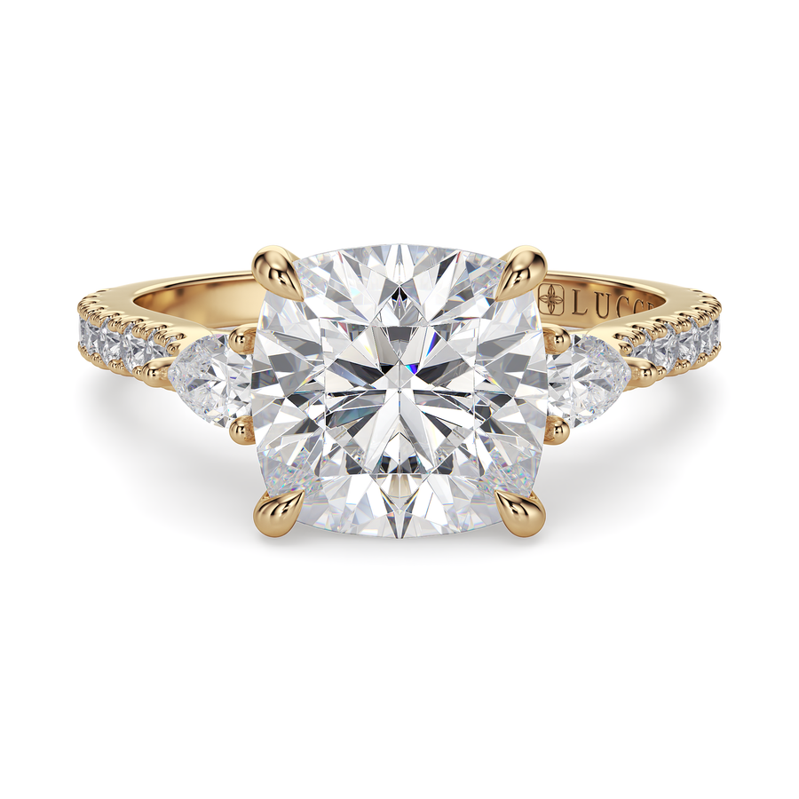 Load image into Gallery viewer, LUCCE Pavé Cathedral Three Stone Cushion Diamond Engagement Ring in Gold or Platinum
