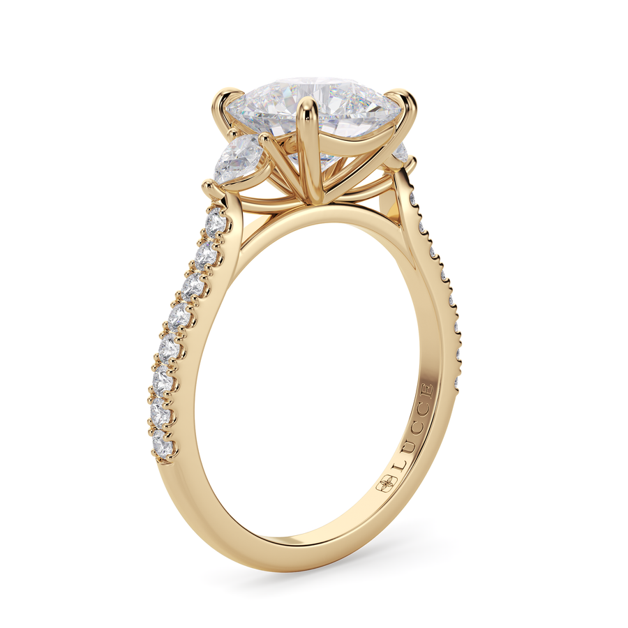 Load image into Gallery viewer, LUCCE Pavé Cathedral Three Stone Cushion Diamond Engagement Ring in Gold or Platinum
